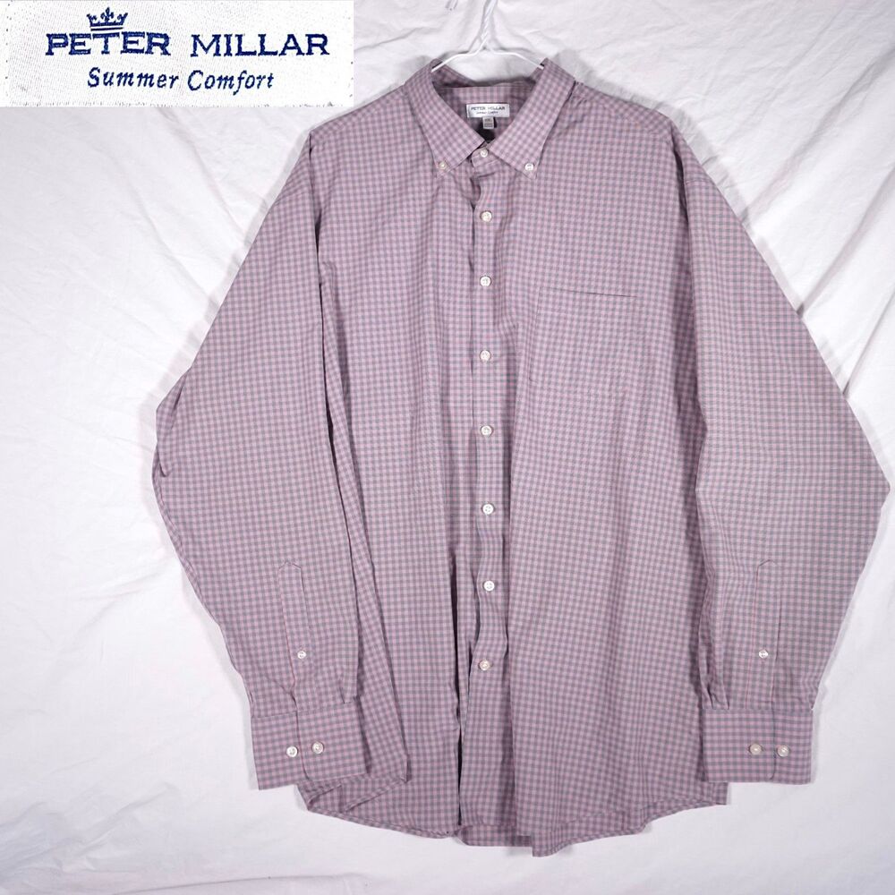 Peter Millar Summer Comfort Button Up Shirt Plaid Gingham Pink Purple XXL